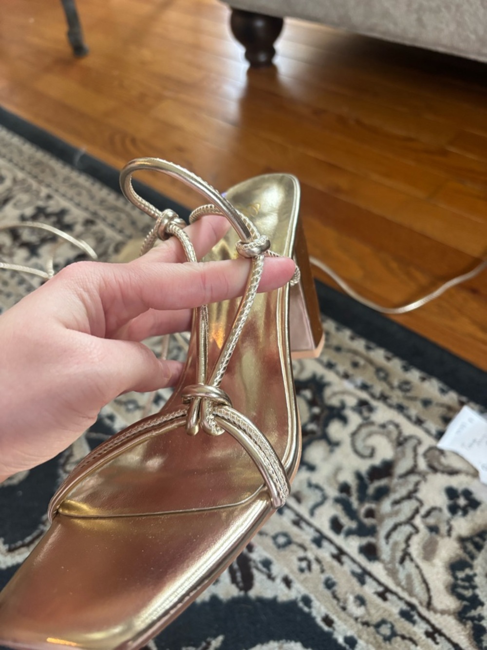 Gold Strappy Square-Toe Block Heel Sandals with Wrap Ties - Picture 5 of 6
